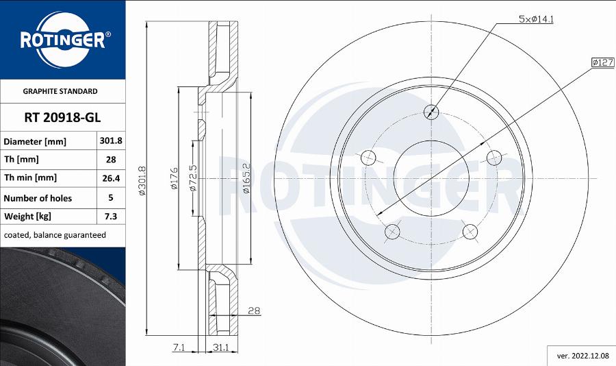 Rotinger RT 20918-GL - Гальмівний диск autocars.com.ua