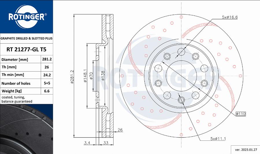 Rotinger RT 21277-GL T5 - Гальмівний диск autocars.com.ua