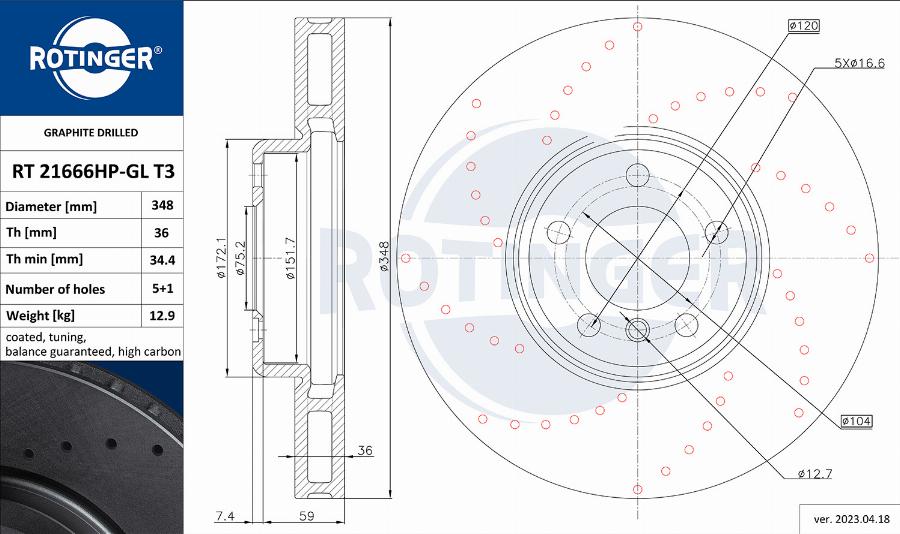 Rotinger RT 21666HP-GL T3 - Тормозной диск avtokuzovplus.com.ua