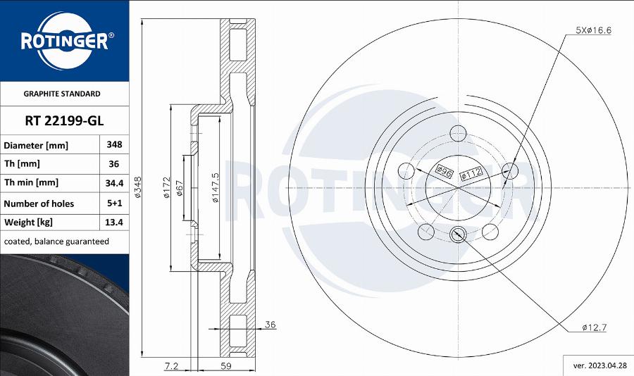 Rotinger RT 22199-GL - Тормозной диск avtokuzovplus.com.ua