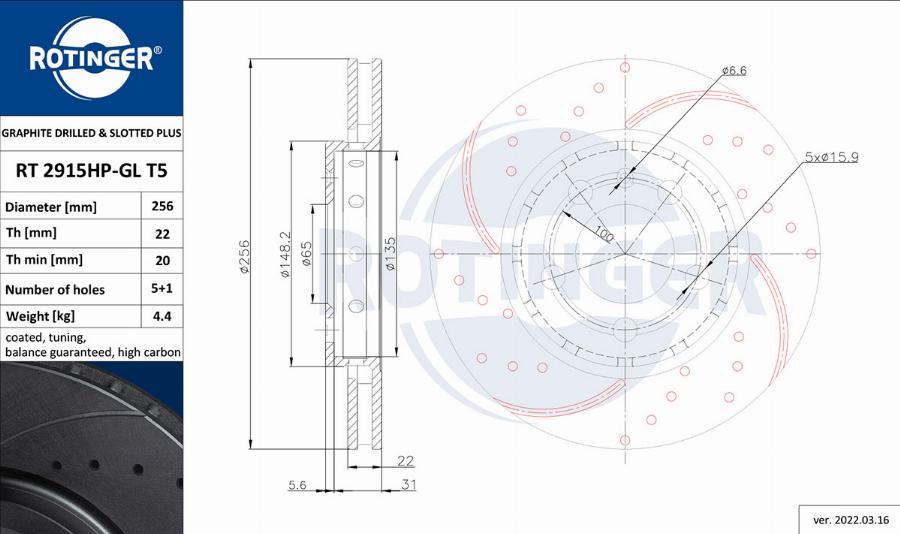 Rotinger RT 2915HP-GL T5 - Тормозной диск avtokuzovplus.com.ua