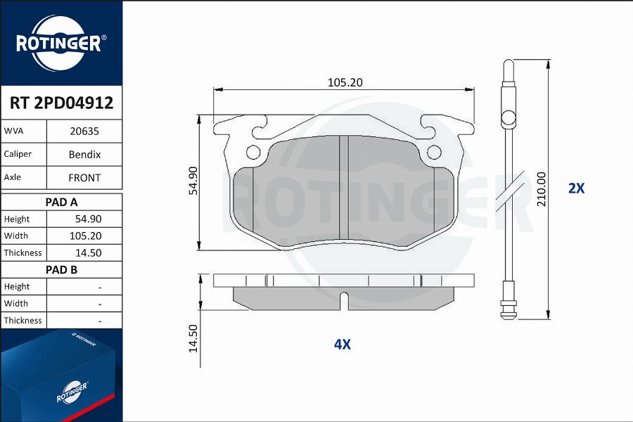 Rotinger RT 2PD04912 - Гальмівні колодки, дискові гальма autocars.com.ua