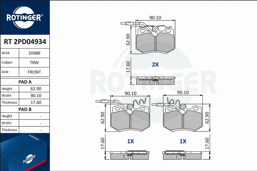 Rotinger RT 2PD04934 - Гальмівні колодки, дискові гальма autocars.com.ua