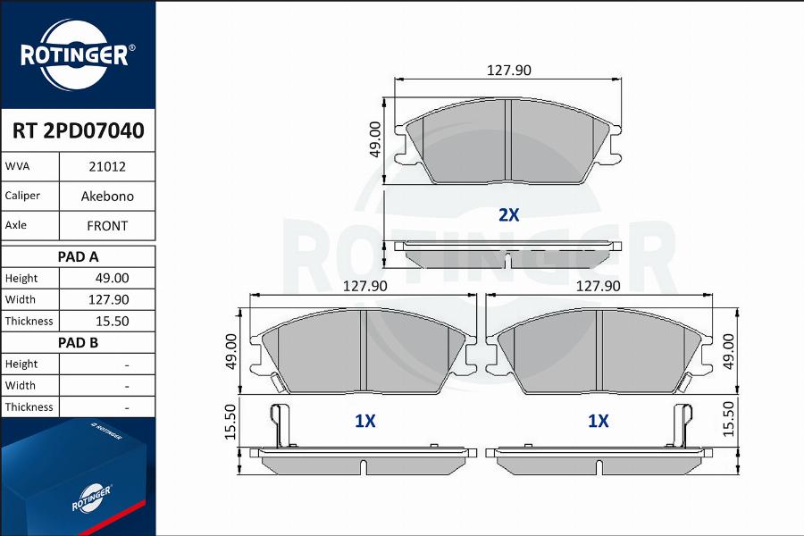 Rotinger RT 2PD07040 - Тормозные колодки, дисковые, комплект avtokuzovplus.com.ua