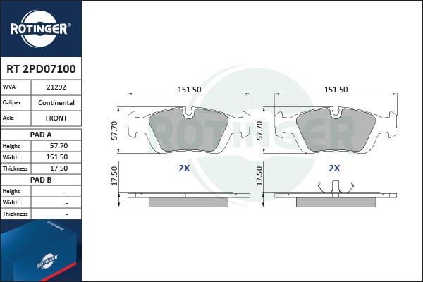 Rotinger RT 2PD07100 - Гальмівні колодки, дискові гальма autocars.com.ua