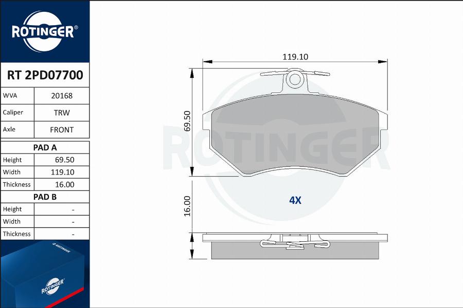 Rotinger RT 2PD07700 - Гальмівні колодки, дискові гальма autocars.com.ua