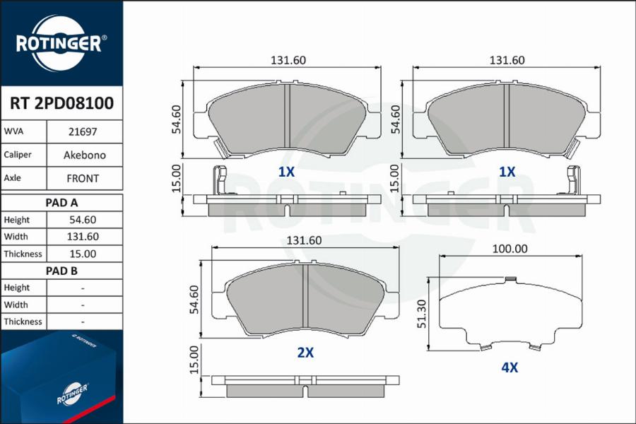 Rotinger RT 2PD08100 - Гальмівні колодки, дискові гальма autocars.com.ua