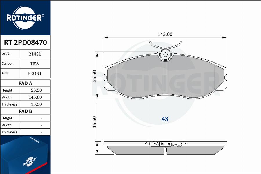 Rotinger RT 2PD08470 - Гальмівні колодки, дискові гальма autocars.com.ua