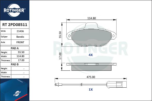 Rotinger RT 2PD08511 - Гальмівні колодки, дискові гальма autocars.com.ua