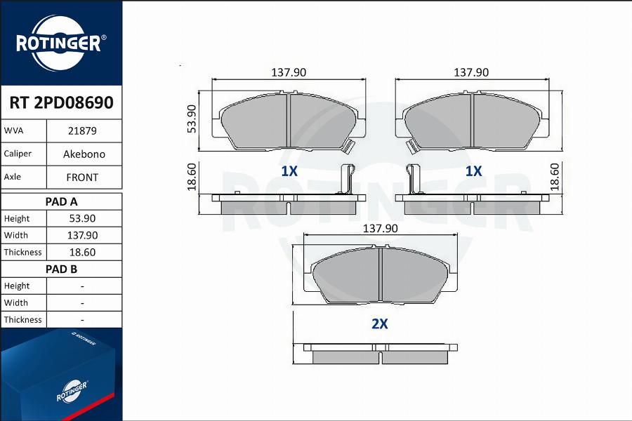 Rotinger RT 2PD08690 - Тормозные колодки, дисковые, комплект autodnr.net