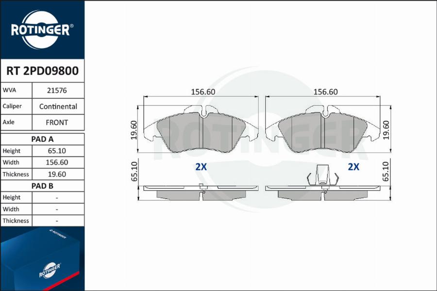 Rotinger RT 2PD09800 - Гальмівні колодки, дискові гальма autocars.com.ua