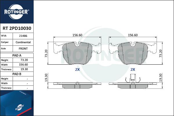 Rotinger RT 2PD10030 - Тормозные колодки, дисковые, комплект avtokuzovplus.com.ua