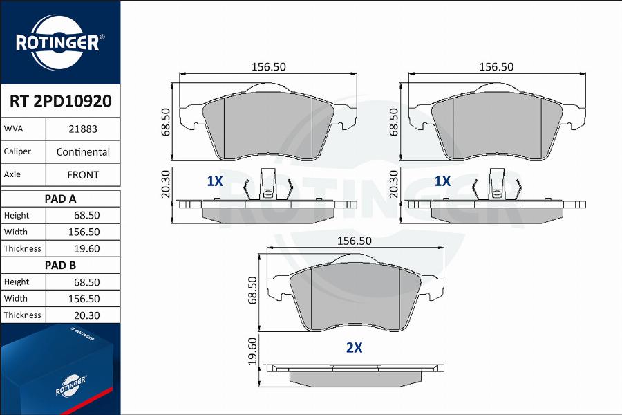 Rotinger RT 2PD10920 - Гальмівні колодки, дискові гальма autocars.com.ua