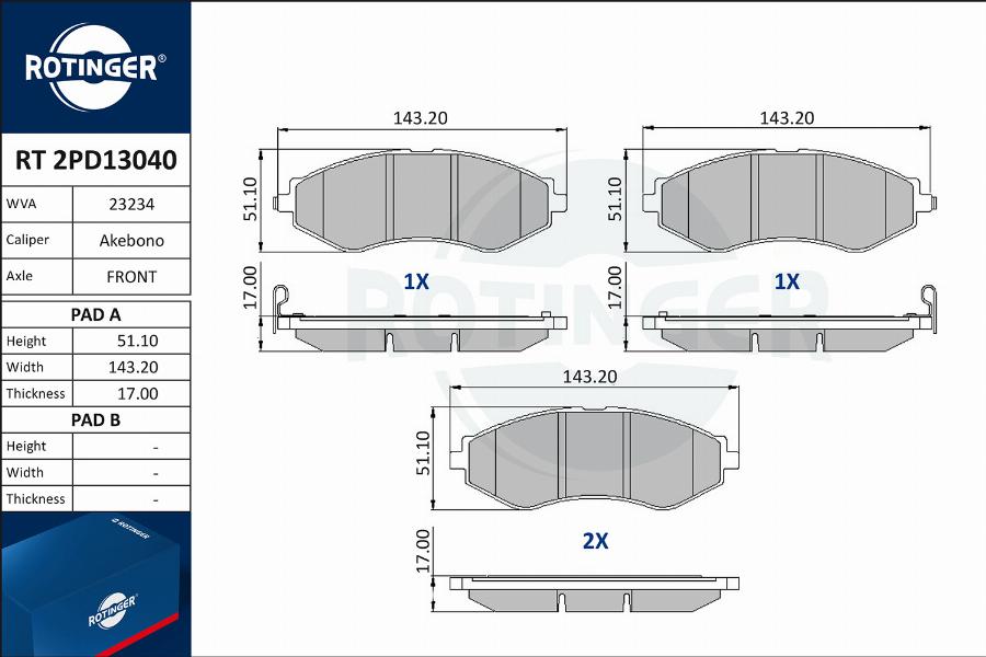 Rotinger RT 2PD13040 - Гальмівні колодки, дискові гальма autocars.com.ua