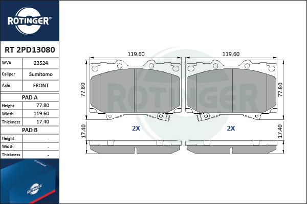 Rotinger RT 2PD13080 - Тормозные колодки, дисковые, комплект avtokuzovplus.com.ua