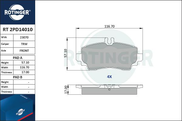 Rotinger RT 2PD14010 - Гальмівні колодки, дискові гальма autocars.com.ua