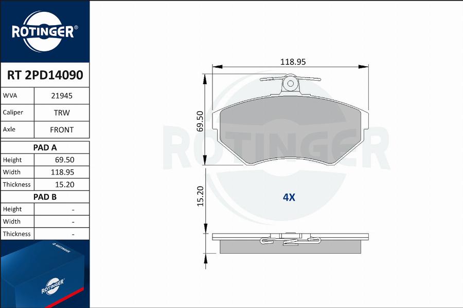 Rotinger RT 2PD14090 - Гальмівні колодки, дискові гальма autocars.com.ua