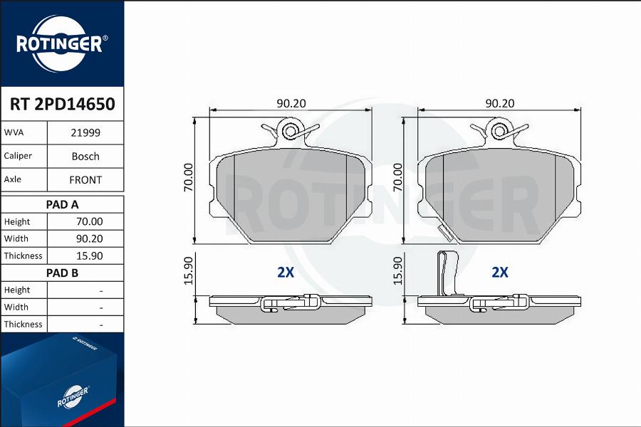 Rotinger RT 2PD14650 - Тормозные колодки, дисковые, комплект avtokuzovplus.com.ua