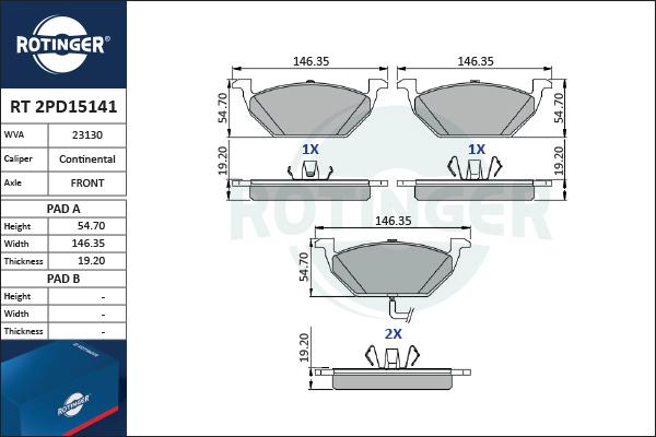 Rotinger RT 2PD15141 - Тормозные колодки, дисковые, комплект autodnr.net