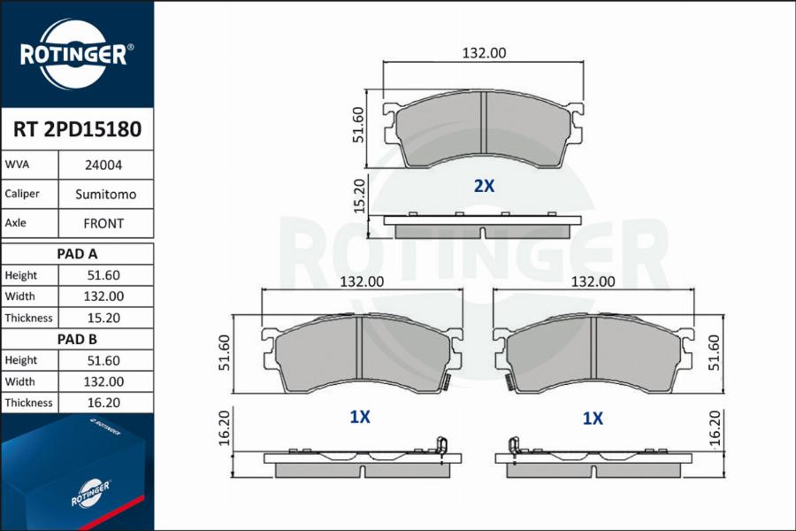 Rotinger RT 2PD15180 - Гальмівні колодки, дискові гальма autocars.com.ua