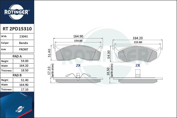 Rotinger RT 2PD15310 - Гальмівні колодки, дискові гальма autocars.com.ua