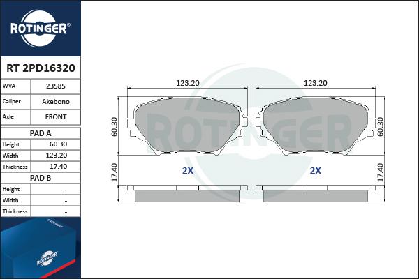 Rotinger RT 2PD16320 - Гальмівні колодки, дискові гальма autocars.com.ua