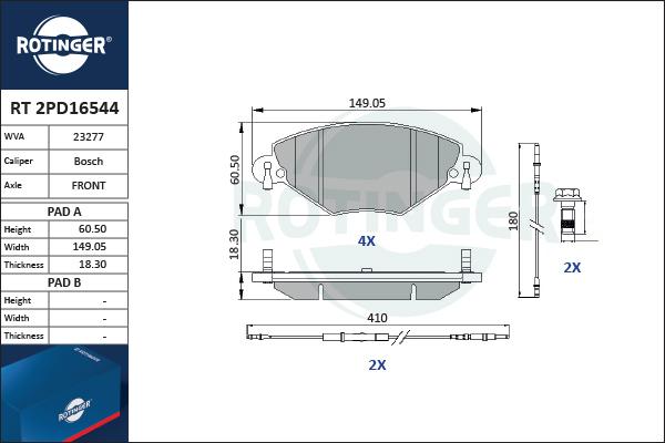 Rotinger RT 2PD16544 - Тормозные колодки, дисковые, комплект avtokuzovplus.com.ua