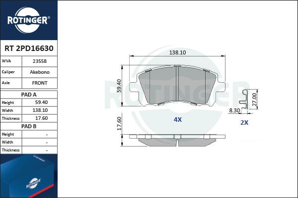 Rotinger RT 2PD16630 - Тормозные колодки, дисковые, комплект autodnr.net