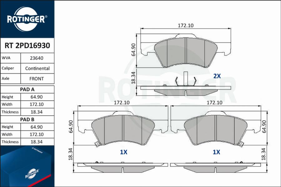 Rotinger RT 2PD16930 - Гальмівні колодки, дискові гальма autocars.com.ua