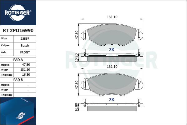 Rotinger RT 2PD16990 - Тормозные колодки, дисковые, комплект avtokuzovplus.com.ua