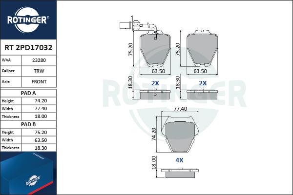 Rotinger RT 2PD17032 - Тормозные колодки, дисковые, комплект avtokuzovplus.com.ua