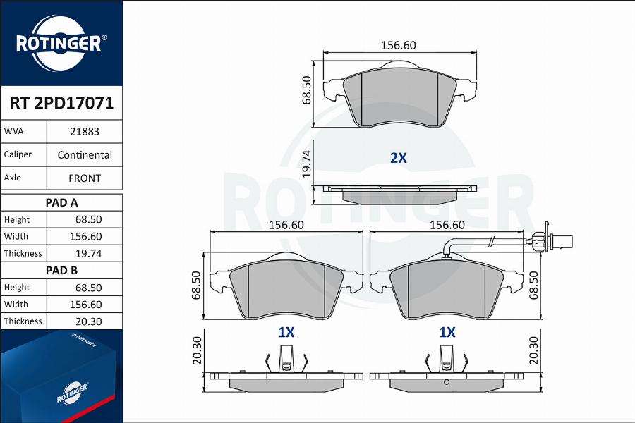 Rotinger RT 2PD17071 - Гальмівні колодки, дискові гальма autocars.com.ua