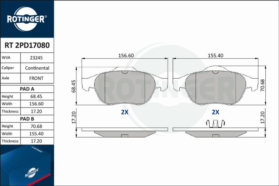 Rotinger RT 2PD17080 - Гальмівні колодки, дискові гальма autocars.com.ua