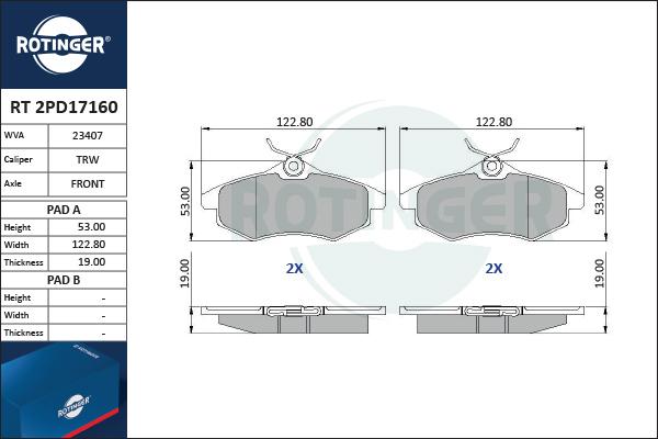 Rotinger RT 2PD17160 - Гальмівні колодки, дискові гальма autocars.com.ua