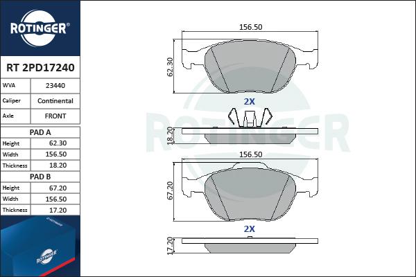 Rotinger RT 2PD17240 - Гальмівні колодки, дискові гальма autocars.com.ua