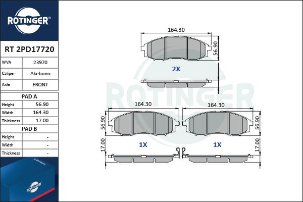 Rotinger RT 2PD17720 - Гальмівні колодки, дискові гальма autocars.com.ua