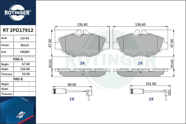 Rotinger RT 2PD17912 - Тормозные колодки, дисковые, комплект avtokuzovplus.com.ua