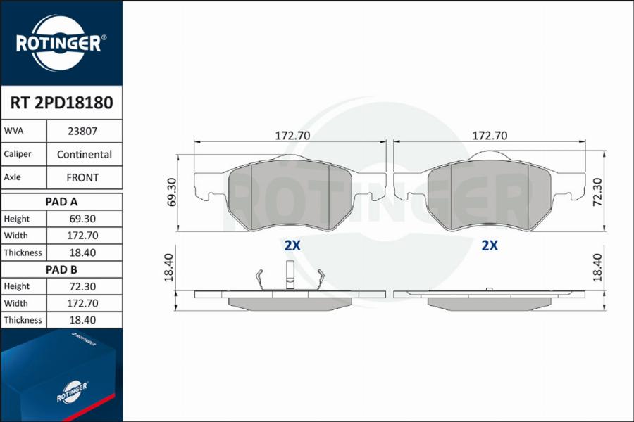 Rotinger RT 2PD18180 - Тормозные колодки, дисковые, комплект avtokuzovplus.com.ua