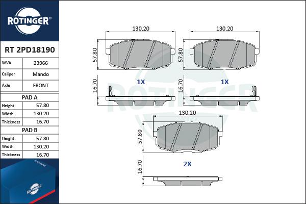 Rotinger RT 2PD18190 - Тормозные колодки, дисковые, комплект avtokuzovplus.com.ua