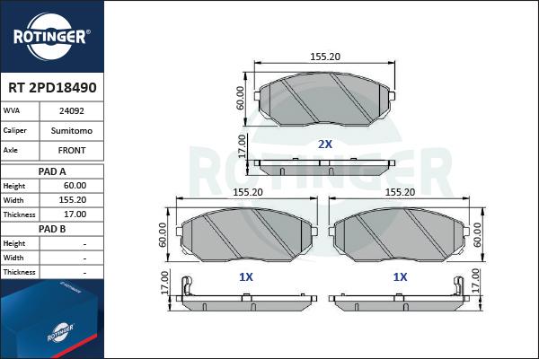 Rotinger RT 2PD18490 - Гальмівні колодки, дискові гальма autocars.com.ua