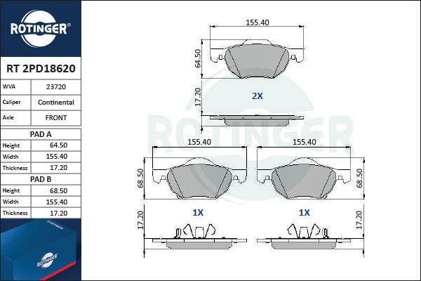 Rotinger RT 2PD18620 - Тормозные колодки, дисковые, комплект autodnr.net