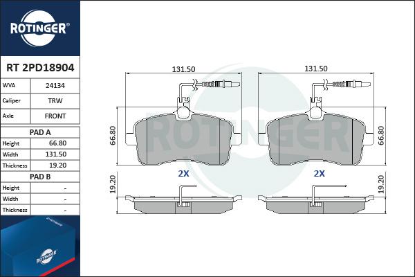 Rotinger RT 2PD18904 - Гальмівні колодки, дискові гальма autocars.com.ua