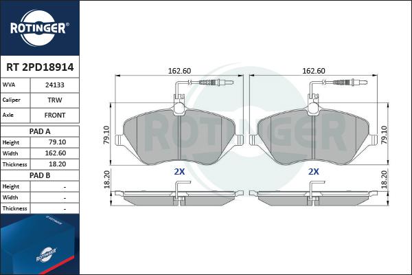 Rotinger RT 2PD18914 - Гальмівні колодки, дискові гальма autocars.com.ua