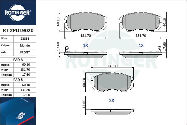 Rotinger RT 2PD19020 - Гальмівні колодки, дискові гальма autocars.com.ua