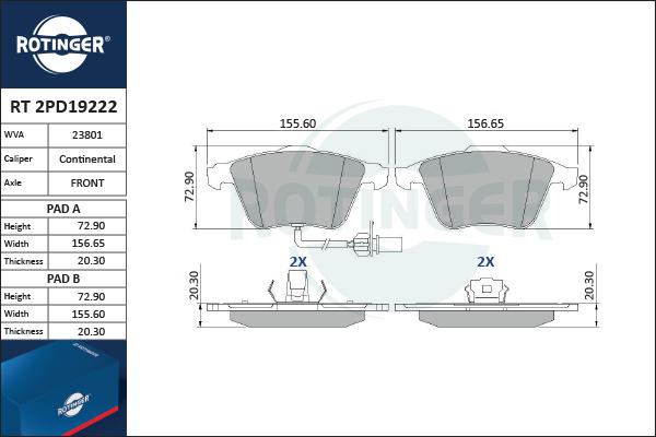 Rotinger RT 2PD19222 - Гальмівні колодки, дискові гальма autocars.com.ua