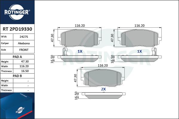 Rotinger RT 2PD19330 - Тормозные колодки, дисковые, комплект avtokuzovplus.com.ua