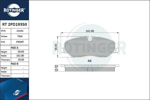 Rotinger RT 2PD19350 - Гальмівні колодки, дискові гальма autocars.com.ua