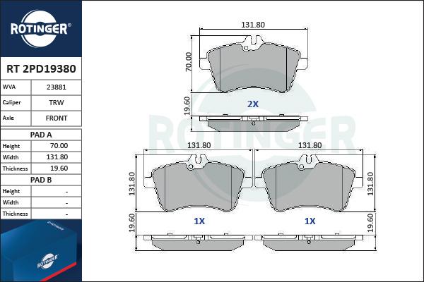 Rotinger RT 2PD19380 - Тормозные колодки, дисковые, комплект avtokuzovplus.com.ua