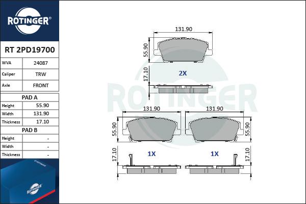 Rotinger RT 2PD19700 - Тормозные колодки, дисковые, комплект avtokuzovplus.com.ua