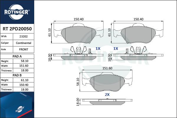 Rotinger RT 2PD20050 - Тормозные колодки, дисковые, комплект avtokuzovplus.com.ua